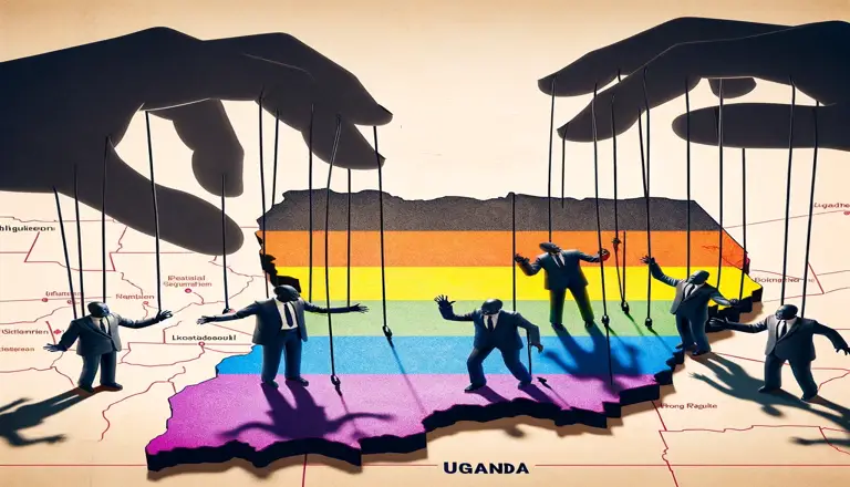 A map of Uganda with overlay of pride rainbow with large hands above pulling the strings of politicians below.