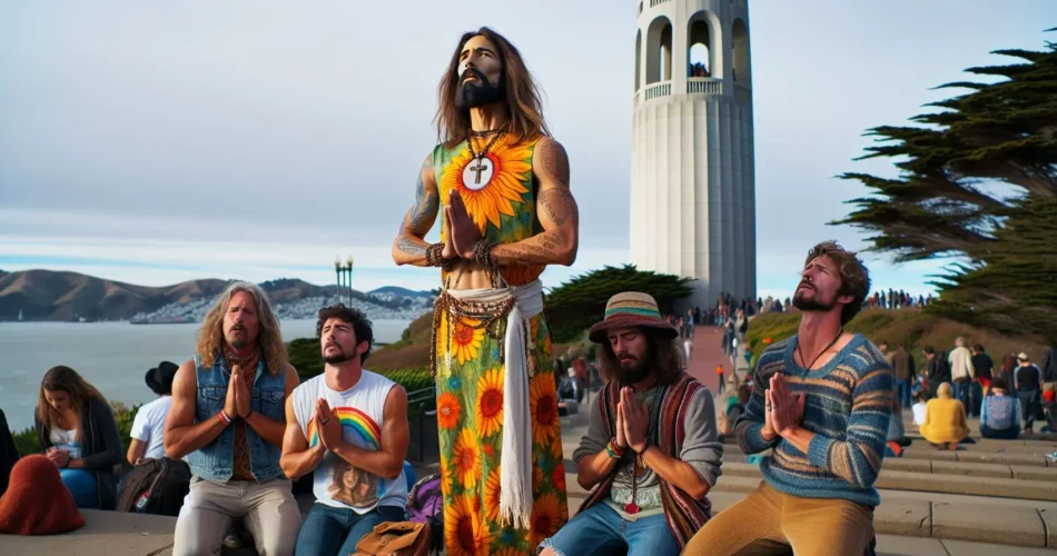 A group of hippies kneel on the bank of a lake with one standing up in front while praying.