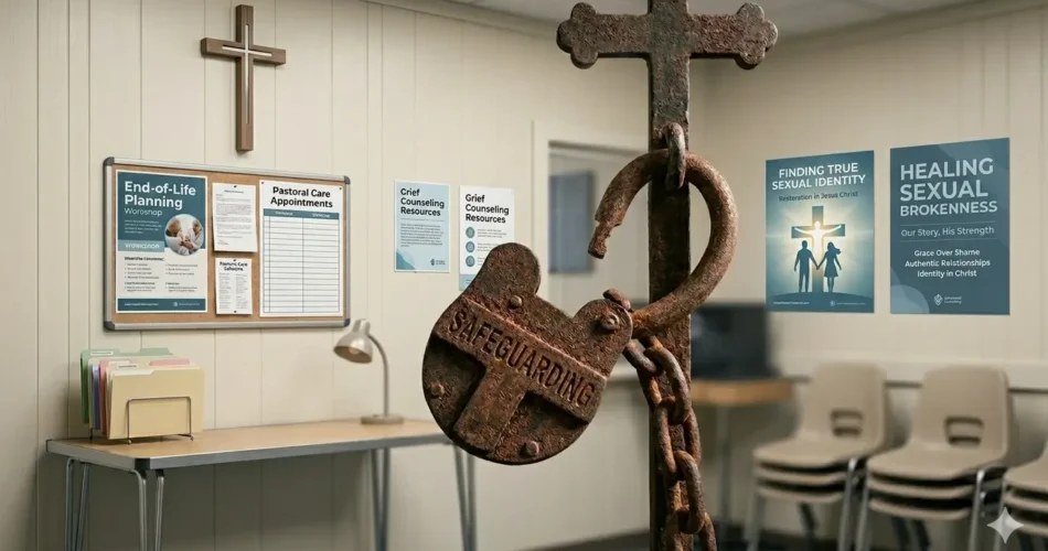 Large lock unlocked and hanging on a cross in a conversion therapist's office.