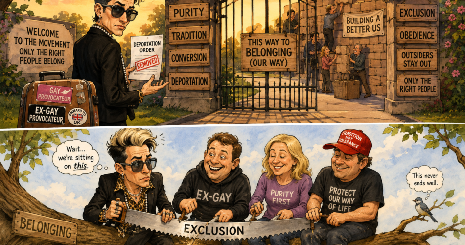 Warm, colorful two-panel caricature of Milo Yiannopoulos. Above, Milo finds himself locked outside a fortified gate representing the politics of purity and exclusion. Below, Milo and allies from the conservative and ex-gay movements enthusiastically saw through the tree branch on which they are all sitting, as Milo belatedly notices the problem.