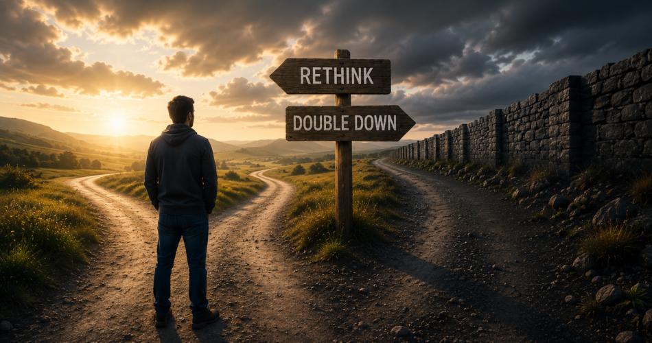 A man stands at a fork in a country road beneath contrasting light and storm clouds. A wooden sign points “Rethink” toward an open, sunlit landscape and “Double Down” toward a darker path bordered by a high stone wall, symbolizing different responses when experience challenges deeply held beliefs.