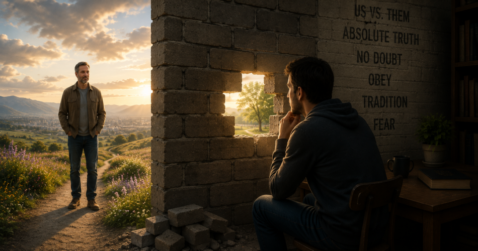 A man sits thoughtfully inside a dim room behind a brick wall marked with rigid slogans such as “Us vs. Them,” “Absolute Truth,” “No Doubt,” and “Obey.” Several bricks have been removed, creating an opening through which he looks toward another man standing calmly outside in a bright, open landscape. The other man keeps his distance rather than pulling him through, symbolizing an opportunity to reconsider an ideology without coercion.