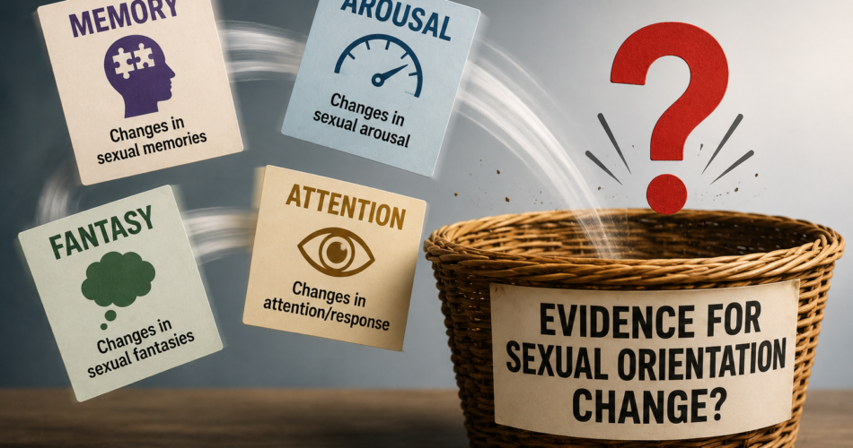 Illustration of cards labeled Memory, Fantasy, Arousal and Attention being tossed toward a basket labeled ‘Evidence for Sexual Orientation Change?’ A large question mark challenges whether studies measuring those separate effects constitute evidence that sexual orientation itself can be changed.