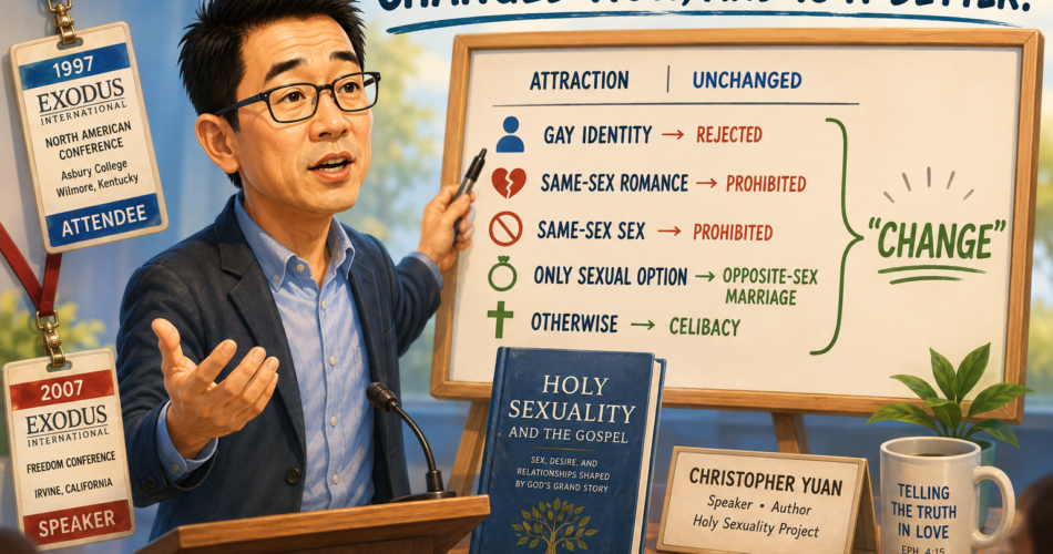 Editorial caricature of Christopher Yuan speaking beside a presentation board titled “Changed How, and Is It Better?” The board says same-sex attraction remains unchanged while gay identity is rejected, same-sex romance and sex are prohibited, and the permitted alternatives are opposite-sex marriage or celibacy. Exodus International conference badges identify Yuan as a 1997 attendee and a 2007 speaker, while his book Holy Sexuality and the Gospel appears in the foreground.