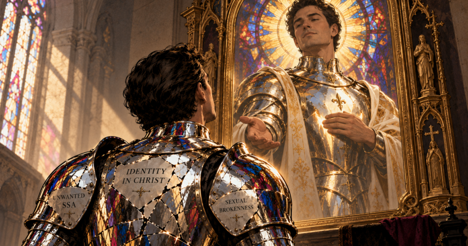Editorial illustration of a man in cracked, mirror-like medieval armor standing before an ornate, altar-like mirror in a cathedral. His armor reflects fractured stained-glass colors and bears the labels “Identity in Christ,” “Unwanted SSA,” and “Sexual Brokenness.” In the mirror, an idealized version of the same man towers above him: his armor is flawless and radiant, a circular stained-glass window forms a halo behind his head, and he extends a hand toward his real self with serene, almost divine authority. The deliberately impossible reflection suggests that the man is not encountering God, but projecting a perfected, approving image of himself and treating it as divine.