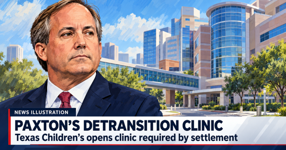 News-style illustration of Ken Paxton in front of a hospital, with the headline “Paxton’s Detransition Clinic” and subheading “Texas Children’s opens clinic required by settlement.”