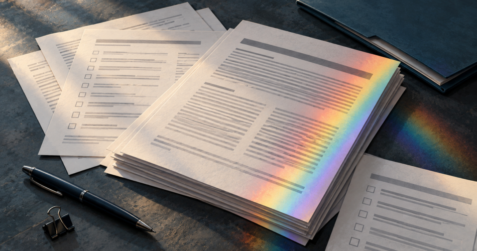 Illustration of research reports and survey forms on a dark desk, with rainbow-colored light falling across the pages.